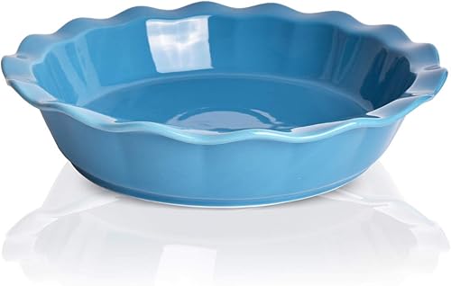 Bosmarlin Molde de cerámica para tartas de 9 pulgadas, 50 onzas, plato para tartas para hornear, microondas, apto para horno y lavavajillas (azul