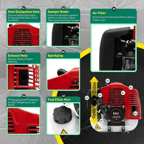 Cepillo de césped artificial, motor de 2 tiempos de 52 cc, 1,25 kW, cepillo rodante resistente con embrague automático, herramienta eléctrica de arranque manual para limpieza de césped y mantenimiento