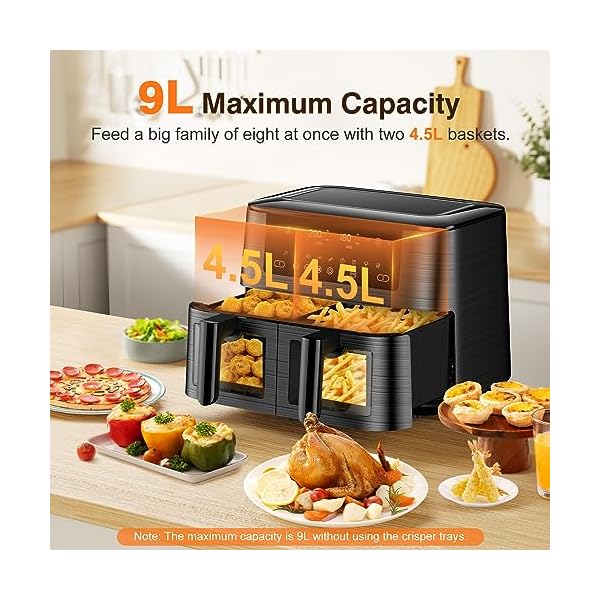 Dual-Air-Fryer-with-Visual-Window-9L-XL-Capacity-Double-Air-Fryers-2-Drawers-9-In-1-Cooking-Presets-Touch-Screen-Smart-Finish-Timer-Function-Dishwasher-Safe-Healthy-Oil-Free-Low-Fat-Cooking Dual Air Fryer with Visual Window, 9L XL Capacity Double Air Fryers, 2 Drawers, 9-In-1 Cooking Presets, Touch Screen, Smart Finish, Timer Function, Dishwasher-Safe, Healthy Oil Free & Low Fat Cooking