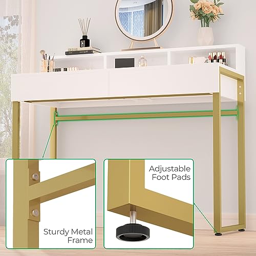 Image of GreenForest Vanity Desk with 2 Drawers, White Makeup Desk with 3 Storage Spaces, 40 inch Small Desk with Gold Metal Legs, Modern Home Office Desk for Kids, Bedroom (No Mirror)