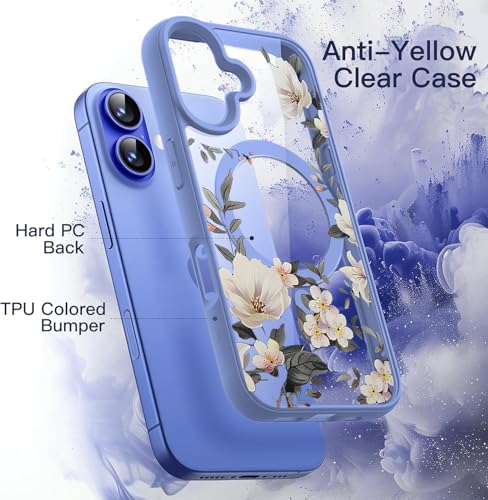 Image of VONZEE Compatible with iPhone 16 Case Luxury Retro Flowers Floral Clear for Magnetic Wireless Charging Case Shockproof Case PC+TPU Cute Glossy Shiny Cover for Girls Women, 6.1'' Official Blue