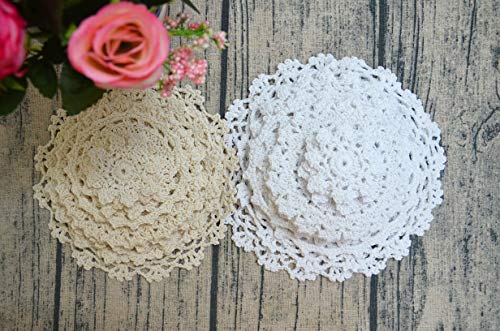 TOSEEY 24 Vintage Hand Made Crochet Doilies Crochet Motifs 2-7 inches Round White Beige (12pcs Beige & 12pcs White) - Thumbnail 6