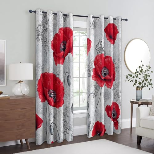 Red Poppy Curtains for Bedroom 90x90, Floral Curtains Blackout Living Room Home Decor, Printed Window Eyelet Drapes 90 Inch Drop 2 Panels - TEB252 - Image 2