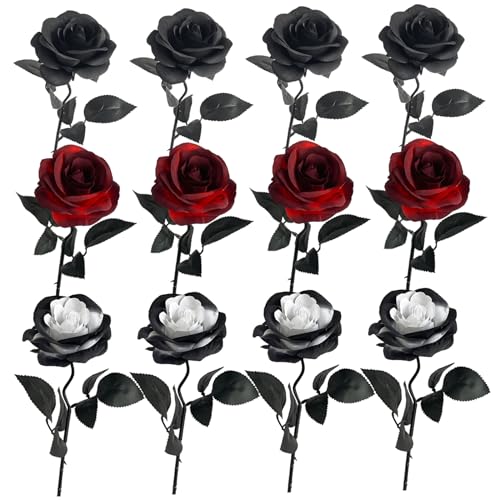 Liummrcy Flores de Halloween de 12 Piezas, 3 Colores Rosas Flores Artificiales con Tallos, Ramo de Bodas gótico para el hogar, Decoraciones de la Oficina
