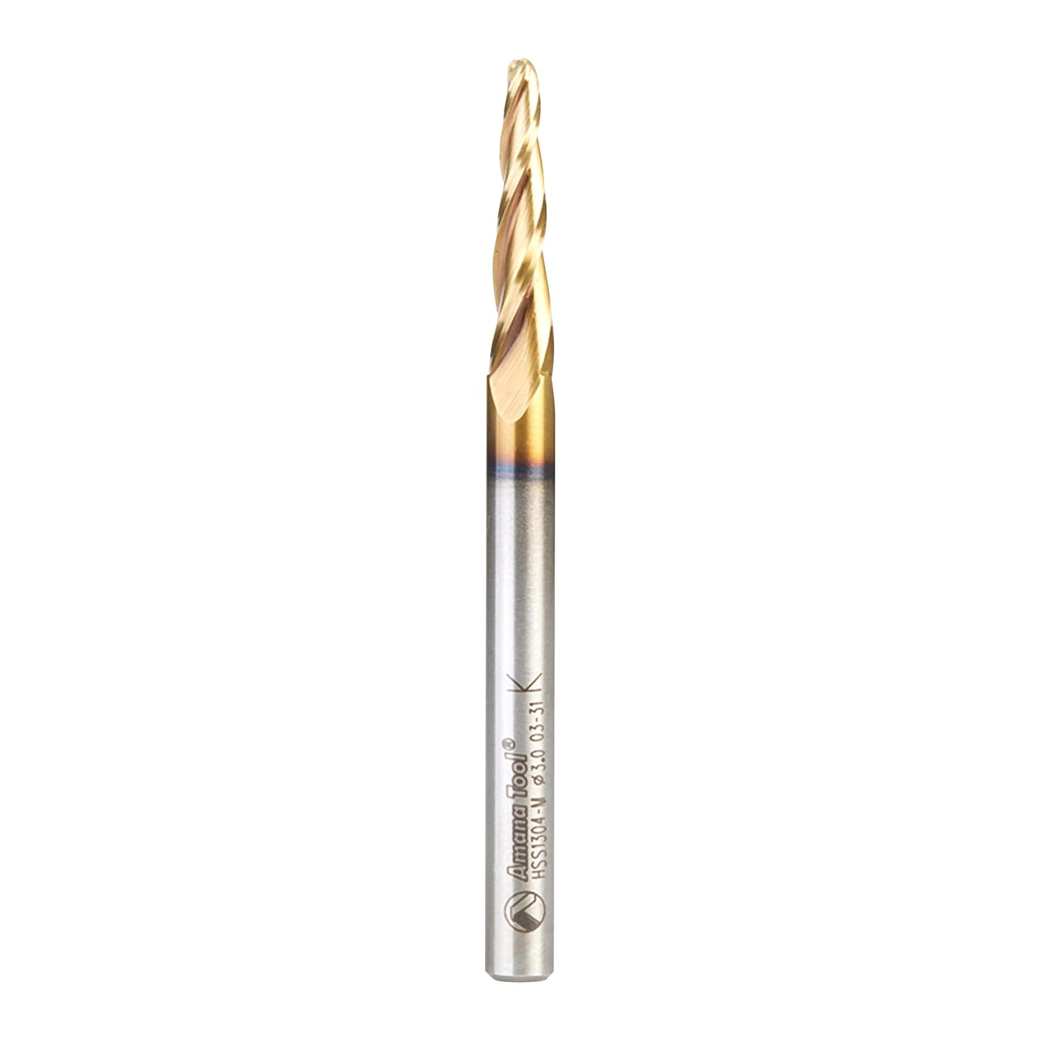 Amana Tool CNC 2D and 3D Carving Ball Nose Tapered Angle Router Bit (HSS), ZrN Coated, HSS1304-M, 3.5 Deg 3mm D x 1.5mm R x 6mm S x 76mm L x 3 F