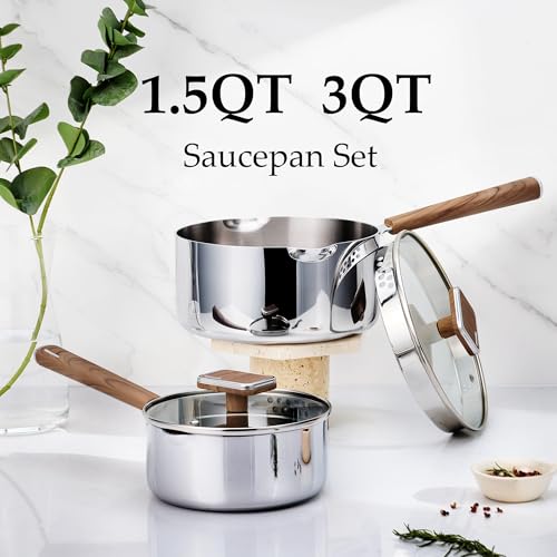 Image of CAROTE1.5Qt & 3Qt Stainless Steel Saucepan Set, Triple Ply Stainless Steel Pot, Saucepan with Glass Lid, Small Sauce Pot with Wooden Handle, Easy Pour Rim