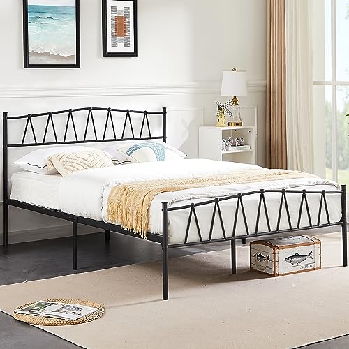 VECELO Queen Bed Frame, Vintage Metal Platform with Headboard, Ma...