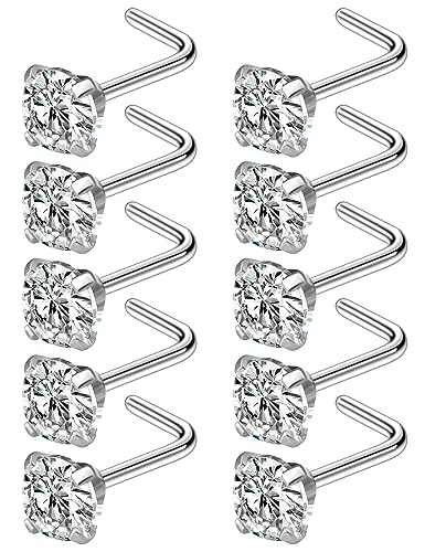 Cisyozi 18G Nose Rings Studs Hypoallergenic Nose Piercings 316L Surgical Steel Silver Nose Rings Set L Shaped Nose Nostril Piercing Jewelry for Women Men Diamond CZ 1.5mm 2mm 2.5mm 3mm 3.5mm 4mm