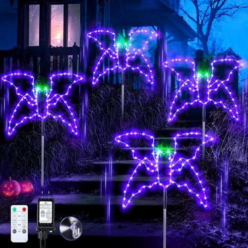Enhon Halloween Lights Outdoor Decoration, 4 Pack Halloween Walkway Lights, 4 Light Modes Remote Control Timing Function Lighted Pathway Markers for Walkway Patio Garden Decor (Flying Bat)