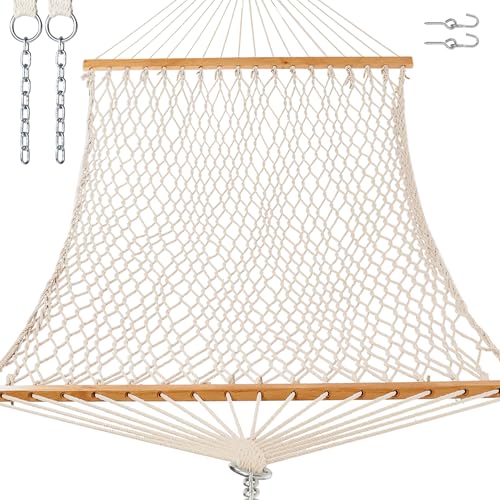 GAFETE Double Hammocks for Outside Handwoven Traditional Cotton Rope 2 Person Hammock with Hardwood Spreader Bar Chains & Hooks for Indoor Outdoor Max 450 lbs Capacity (Natural Beige Medium)