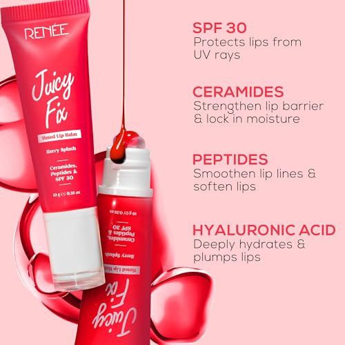 Image of RENEE Juicy Fix Tinted Lip Balm- Sugar Drizzle | Shiny, Glossy Finish | Protects Lips With SPF 30 | Repairs & Nourishes Dry, Flaky Lips | With Peptides, Ceramides & Hyaluronic Acid | 10 g
