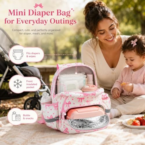 Image of LOIDOU Toddler Backpack for Girls Ages 2-4, 12 Inch Mini Preschool Daycare Bookbag with Insulated Snack Pocket, Corduroy Small Kids Travel Backpack, Pink Bow