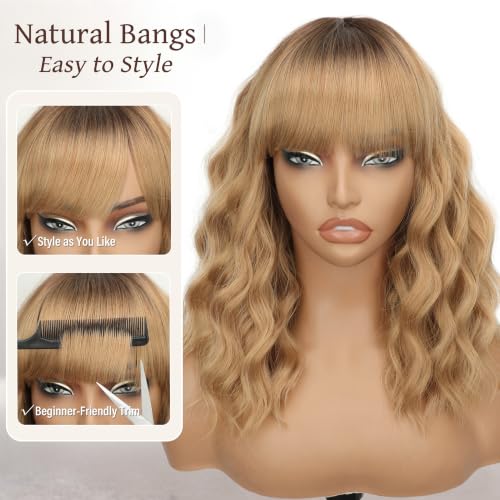 Image of Nnzes Blonde with Light Brown Wig with Bangs for Women Shoulder Length Bob Wavy Charming Synthetic Wigs with Natural Curly Heat Resistant Hair