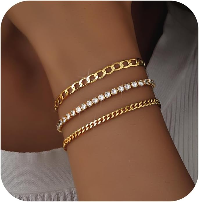 Gold Bracelets for Women, 14K Gold Plated Link Cubic Zirconia Classic Tennis Bracelet, Cuban Chain Dainty Bracelet Pack Jewelry for Women