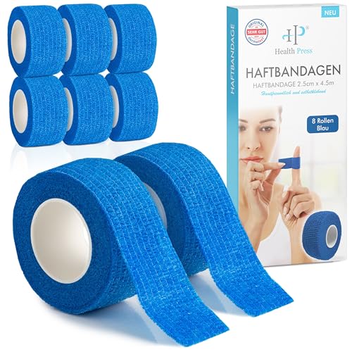 Health Press® Fingerpflaster Selbsthaftend – 8x Pflaster Rolle (2,5cm x 4,5m) – Verband Selbstklebend – Elastisches Tape wasserfest – Staub-, Fett- & Schmutzabweisendes Pflasterband (Blau, 8 Rollen)