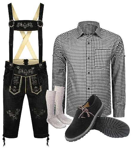 ALL THE GOOD S3 Trachtenset (Hose +Hemd +Schuhe +Socken) Bayerische Lederhose Trachtenhose Oktoberfest Leder Hose Trachten (Hose 50 Hemd 40/41 Schuhgröße per Email)