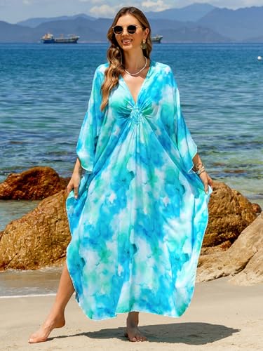 Image of IMAGEKOPE Women's Plus Size Animal Print V-Neck Batwing Kaftan Beach Dress Bathing Suit Cover-Up Loungewear