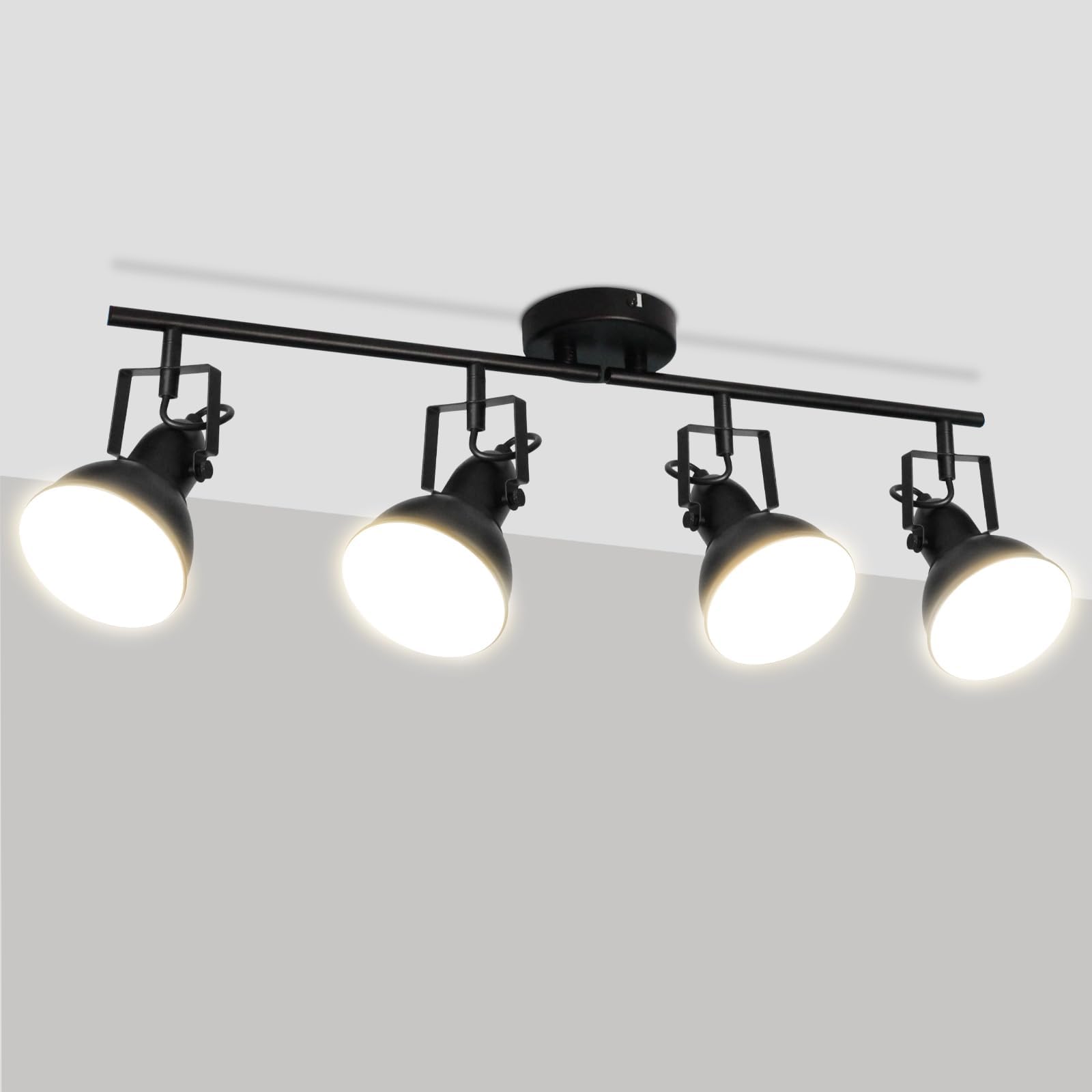 HiBay Lampara de Techo E27 4 Focos Orientable,Plafon led Techo Industrial Blanco y Negro Metal,Focos LED Interior Vintage para Salon Cocina Dormitorio Máximo 60W(Sin Bombilla)
