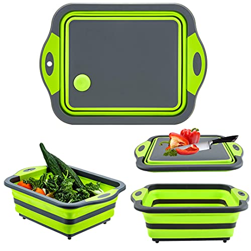 WenZBros Planche à découper pliable verte avec passoire, planche à découper multifonction en silicone, panier de rangement, égoutter et laver les légumes, fruits et pâtes