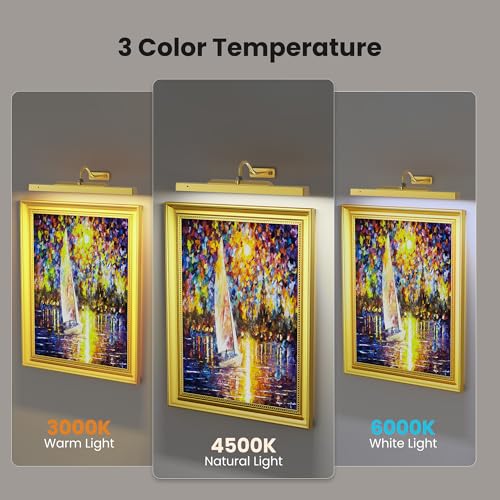 Image of Picture Light 3Pack- 16in Picture Lights for Wall, 5000mAh Wireless Rechargeable Battery Picture Lights, Wall Light, Art Display Light for Gallery Artwork, Paintings, Portraits, Dartboards- Gold