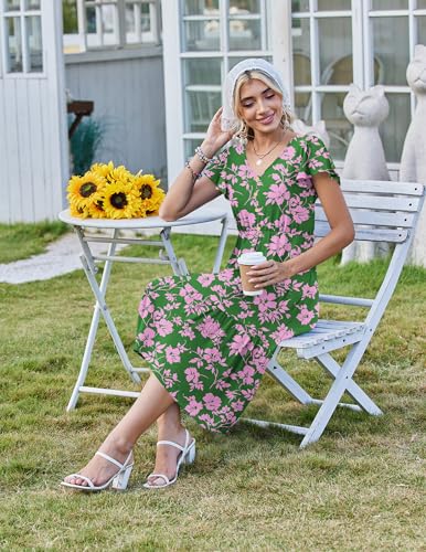 Image of Zeagoo Women's Summer Casual Dress Flutter Short Sleeve V Neck Button Down Tiered Flowy Long Dress with Pockets