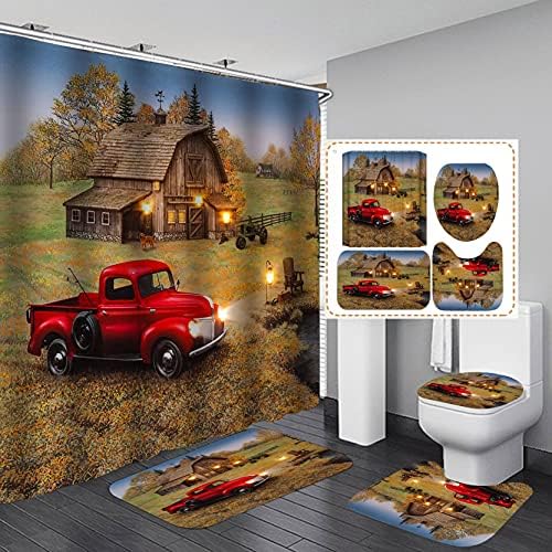 SKAILIÉ 4PCS Farmhouse Shower Curtain Set, Antique Red Truck Vintage Farm Pickup Truck Tractor Dog Autumn Landscape Rustic Barn Cabin Lodge Country Bathroom Decor Non-slip Bath Mat Toilet Rug, Red Car