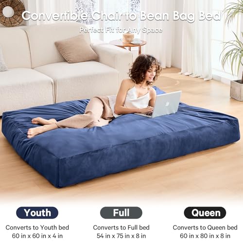 Bean Bag Chairs for Adults - Giant Bean Bag Chair Convertible Bean Bag Bed - Beanbag Chair with Micro Fiber Cover/Furniture Foam Filler - Floor Couch Sofa in Bedroom Dorm Room - Queen Navy Blue