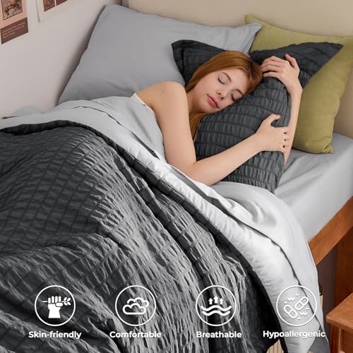 Image of HYMOKEGE Dark Grey /Light Grey Twin Comforter Set Seersucker 5 Pieces, All Season Luxury Bed in a Bag for Bedroom, Bedding Set with Comforter, Sheets, Pillowcase & Sham