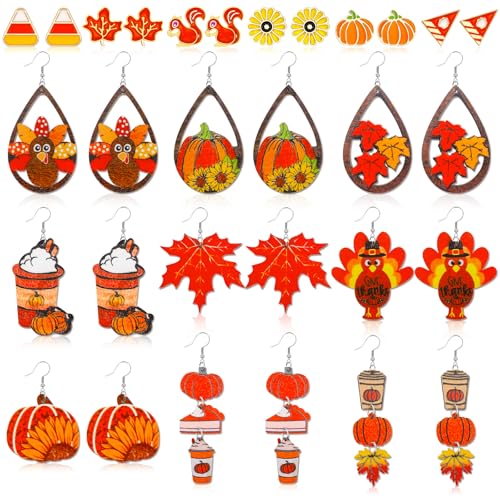 6-16 Pairs Halloween Thanksgiving Fall Christmas Earrings for Women,Holiday Dangle Drop Earring and Studs Earring Bulk for Woman,Holiday Jewelry Gifts for Women and Teens