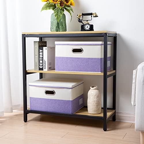 Image of PRANDOM Large Foldable Storage Bins with Lids [3-Pack] linen Fabric Decorative Storage Boxes Organizer Containers Baskets Cube with Handles Divider for Bedroom Closet Purple&Cream(17.7x11.8x11.8)