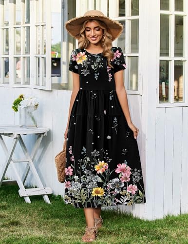 Image of Zeagoo Summer Dresses for Women 2026 Maxi Bohemian Floral Short Sleeve Long Dress Casual Flowy Tired Beach Sundress