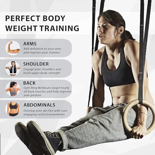 Image of Wooden Gymnastic Rings | 1100 lbs Load Capacity | Adjustable Buckle Straps | Calisthenics Equipment | Gym Rings for Pull Ups, Strength Training & Crossfit Home Workout for Men & Women