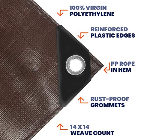 Image of Extra Heavy Duty 14 Mil Tarp Cover, Waterproof, UV Resistant, Rip and Tear Proof, Poly Tarpaulin with Reinforced Edges for Roof, Camping, Patio, Pool, Boat (Brown /Black 40′ X 50′)