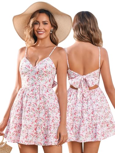 Image of HTZMO Women Summer Floral Mini Sundress Bow Tie Short Dress | V Neck Backless Ruffle A Line Flowy Cute Dresses, Boho Beach Casual Vacation Homecoming Graduation 2026
