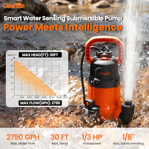 Image of Cleartide 1 /3 HP Submersible Utility Pump, 2790 GPH High Flow, Portable Sump Pump with Auto Water Sensor, Ideal for Pool, Flooded Basement, Hot Tub, Pond and Garden Draining