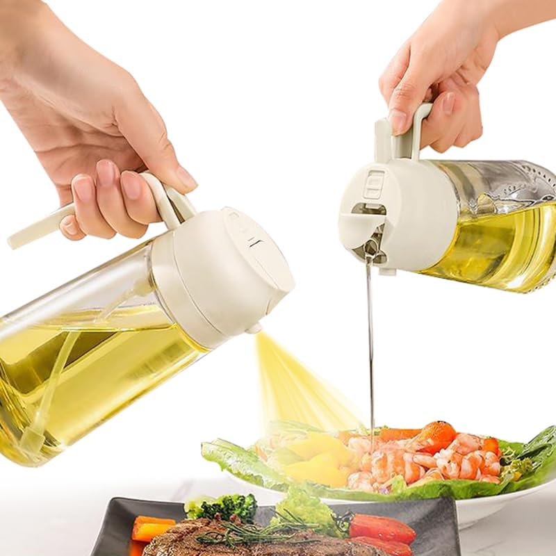 Kimilx Oil Sprayer for Cooking, 2 in 1 Olive Oil Dispenser Bottle for Kitchen, 20oz/600ml Glass Oil Bottle, Food-Grade Oil Mister for Salad, Frying, BBQ, Healthy Kitchen Essential E-600ml