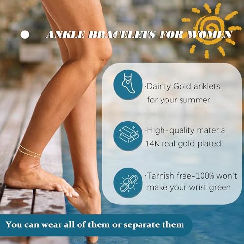 Image of DEARMAY Gold Ankle Bracelets for Women Waterproof, Non Tarnish 14K Gold Plated Beaded Link Chain Anklets, Layered Summer Beach Jewelry Gifts, Dainty Bikini Outfits for Vacation