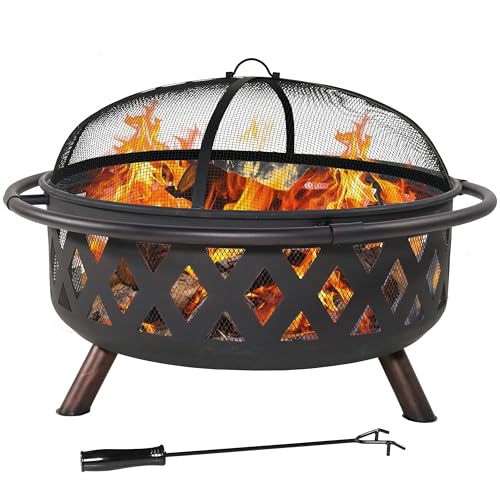 Sunnydaze Crossweave Outdoor Fire Pit – Wood-Burning Fire Pit for Outside with Spark Screen, Poker and Round Cover – 36-Inch – Black