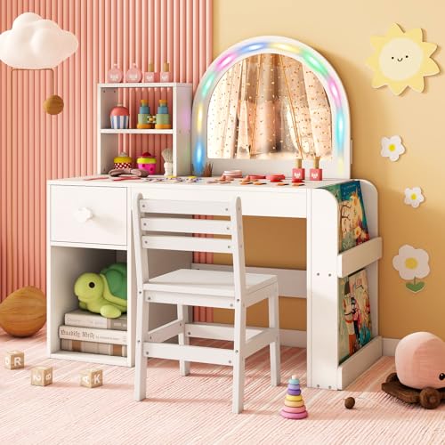 Image of Costzon Kids Vanity, Girls Vanity Set with Lighted Mirror, Bookshelf, Drawer, Storage Cabinet & Shelves, Toddler Makeup Vanity Desk Dressing Table, Wooden Kids Vanity Table and Chair Set (White)
