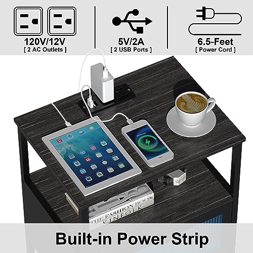 Image of EXOTICA Nightstand with Charging Station and LED Lights Small Black End Table with USB Ports Visible Acrylic Door Storage Bedside Table for Bedroom Sofa Couch L-15.74 inch x W-11.8 inch xH-23.42 inch