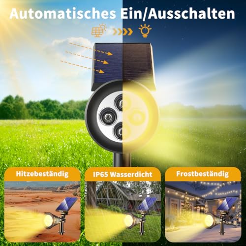 Wilktop Solarstrahler für Außen,LED Solar Strahler Solarleuchte Landscape 3th Version Superhelle Spotlight Solarbetriebene; Wasserdicht für die Hinterhöfe, Gärten, Rasen usw(2er;Warmweiß)