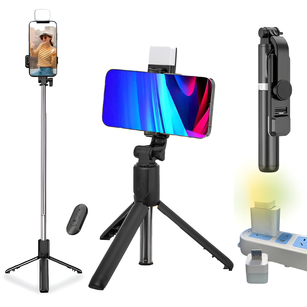 Selfie Stick with Fill Light, All in One Portable Selfie Stick Tripod Phone Holder with Detachable Wireless Remote, Compatible with iPhone 15/14/13/12/11, Android + USB LED Light LAMP