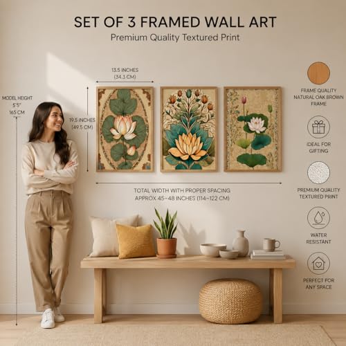 Image of Livin'luxe Set of 3 Lotus Floral Wall Paintings for Living Room Bedroom Home Decor with Premium Wooden Color Synthetic Frame, Traditional Botanical Art (13.5 x 19.5 Inch) NM03-57