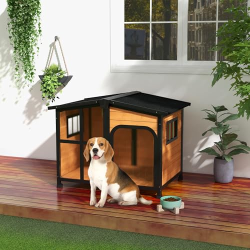 PawHut Outside Cabin-Style Wooden Dog House for Large Dogs with Openable Roof & Giant Window, Outdoor & Indoor Big Dog House, Asphalt Roof, Yellow - Image 3