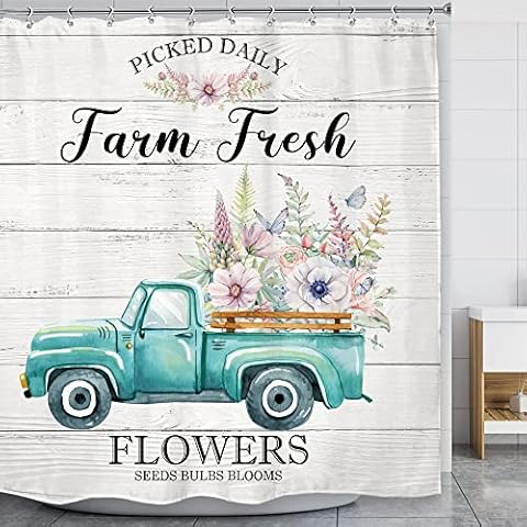 LGhtyro Farmhouse Truck Shower Curtain Bathroom Set 71Wx71H Inches Rustic Floral Flowers Vintage Country Farm Wood Board Barn Teal Turquoise Bath Accessories Art Home Decor Fabric 12 Pack Hooks Cover