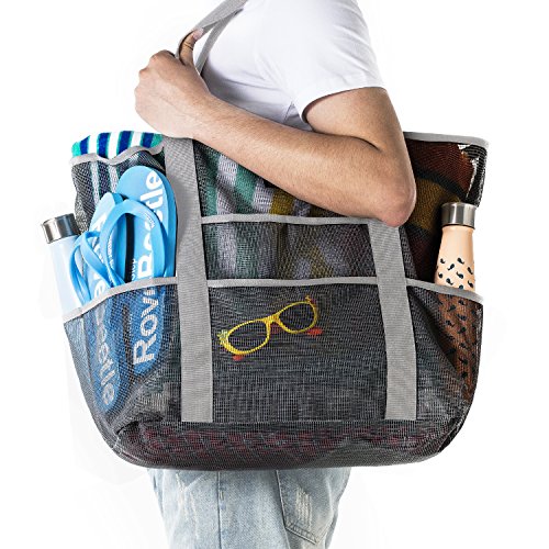 SoHo Collection, Mesh Beach Bag – Toy Tote Bag – Large Lightweight Market, Grocery & Picnic Tote with Oversized Pockets (Black and Gray)3