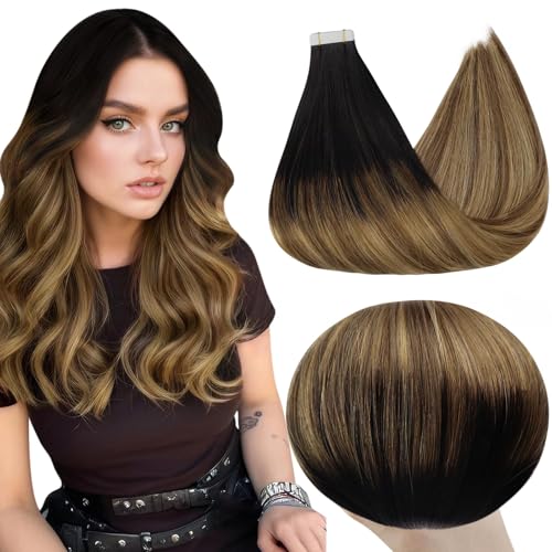 Image of Full Shine Tape in Extensions, 20 Inch Black to Brown Blonde | 50g 20PCS, Brazilian Invisible Hair Extensions Tape In, Soft Texture Seamless Finish Lightweight Wear for Bridal Styling