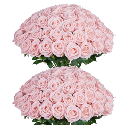 Image of InnoGear 50 Pcs Blush Roses Artificial Flowers, Fake Velvet Silk Rose Bulk Faux Flower for Mother's Gift Decoration DIY Wedding Centerpieces Proposal Bridal Bouquets Party Floral Decor (50, Blush)