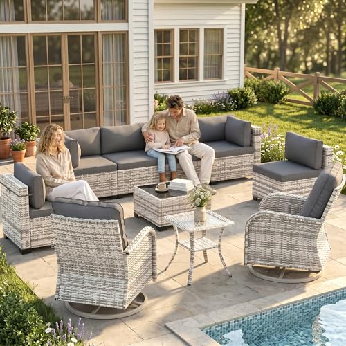 Image of Outdoor PE Wicker Rattan Modular Patio Sectional Sofa Set | 10-Piece: 6 Modular Seats, Coffee Table, 2 Swivel Rocking Chairs & Side Table, Black
