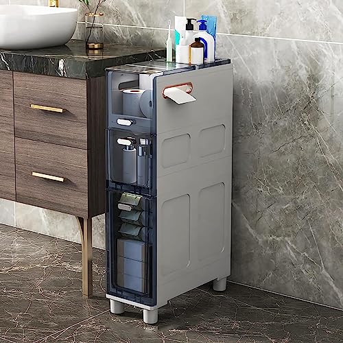 RDWQDGJG Mueble de baño con 5 cajones apilables para Espacios Estrechos, Marco Resistente, cajones Transparentes, Ruedas, Torre de Almacenamiento Delgada para Papel higiénico y más